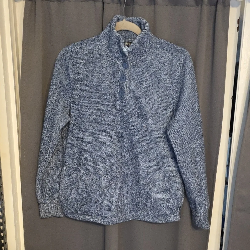 Eddie Bauer Women's Blue Mock Neck Sweater Sweatshirt Buttons Pockets Cozy Sz XS